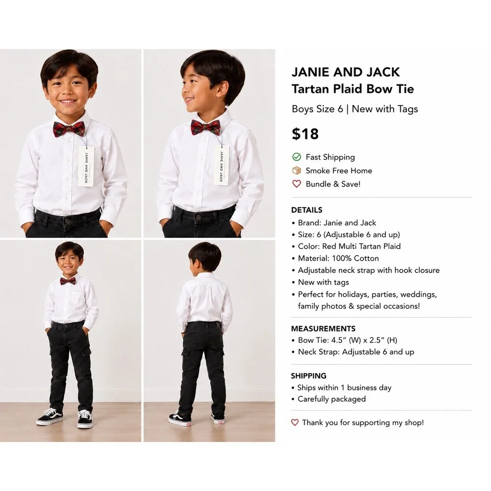 Janie and Jack Boys Tartan Plaid Bow Tie Red Multi Holiday Size 6 and up NWT